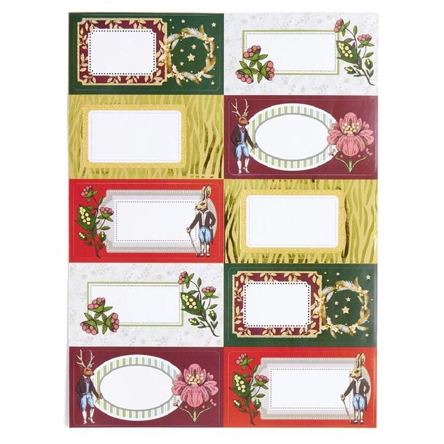 &Eacute;tiquette cadeau autocollante No&euml;l fleurs vintage lapin 4x8cm x10