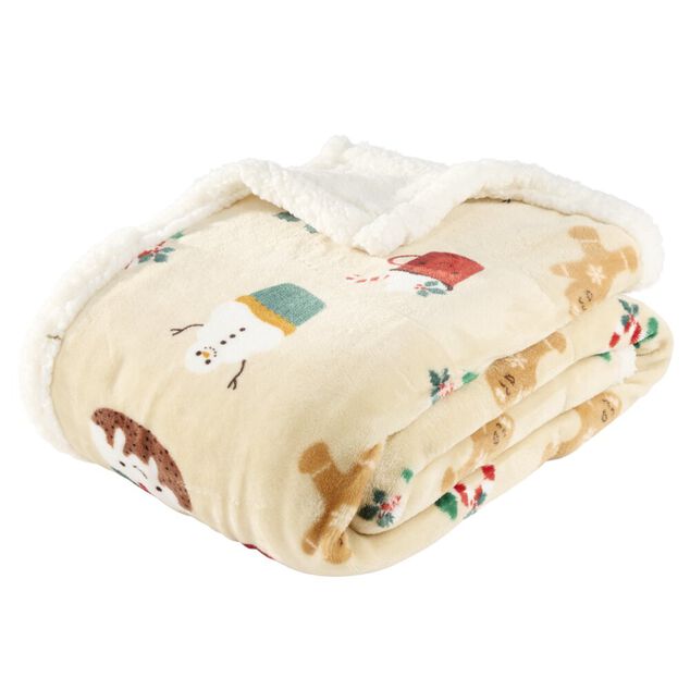 Plaid imprim&eacute; motif No&euml;l polyester L150X120 cm (3 mod&egrave;les beige/rose/rouge)