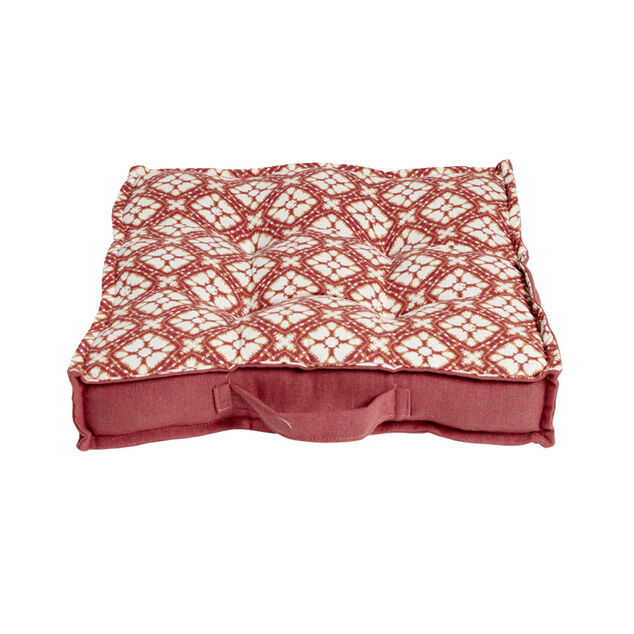Coussin de sol carr&eacute; rouge terracotta motifs blancs 40x40cm