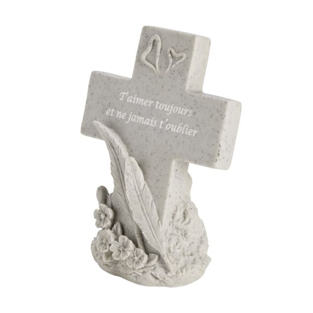 D&eacute;coration fun&eacute;raire forme croix avec plumes H18cm