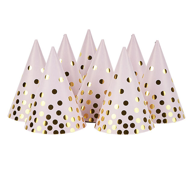 Chapeau de f&ecirc;te rose &agrave; poids dor&eacute; en carton x 8