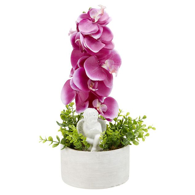 Fleur artificielle orchid&eacute;e dans pot en ciment H40 cm violet