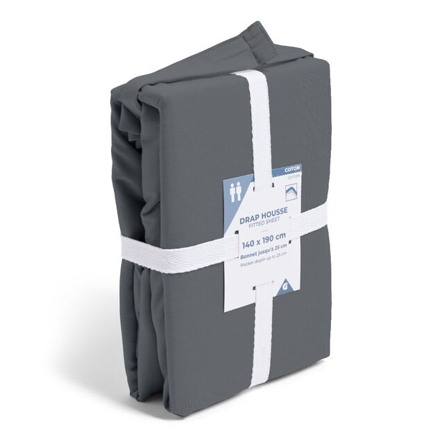 Drap housse 140x190cm 100% coton gris fonc&eacute;