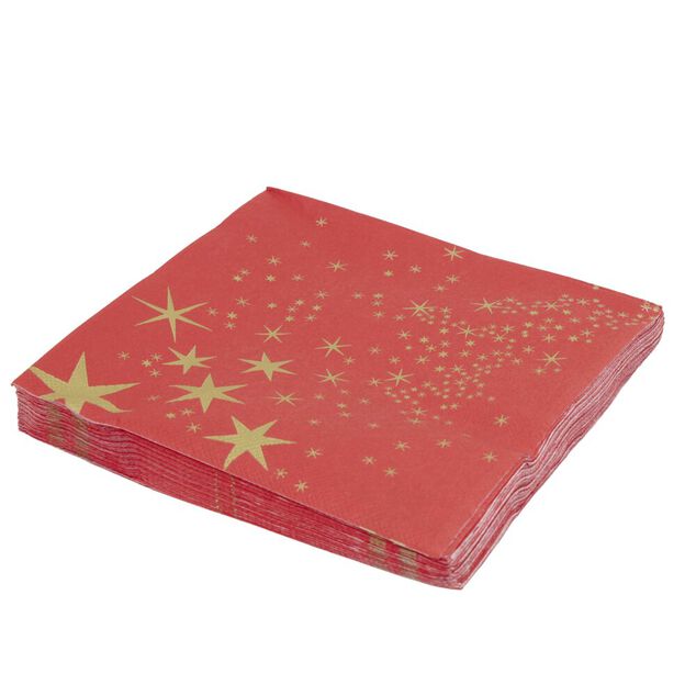 Serviette en papier 4 plis X20 pcs imprim&eacute; &eacute;toiles dor&eacute;es 33X33 cm rouge