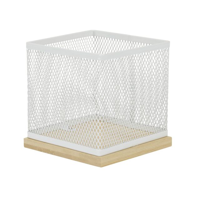 Pot &agrave; stylo bureau bambou et m&eacute;tal grillag&eacute; blanc 10x10x10cm