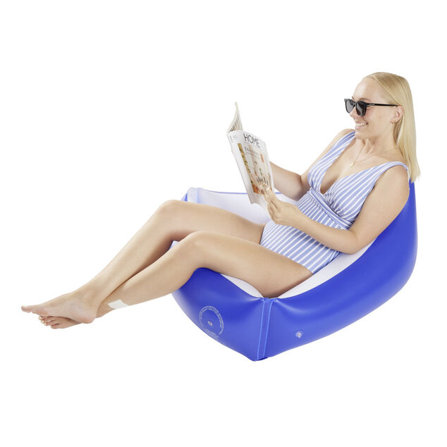 Si&egrave;ge de piscine gonflable forme triangle en plastique bleu 74x74xH25cm