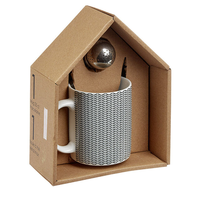 Mug porcelaine avec boule à thé inox noir blanc 35 cl