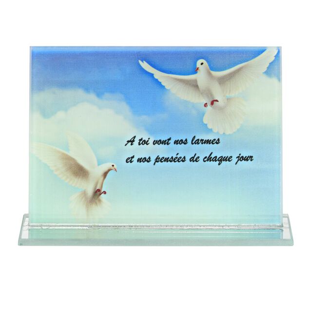 Plaque fun&eacute;raire rectangulaire en verre d&eacute;cor oiseau et ciel bleu 16x3,5xH10,5cm