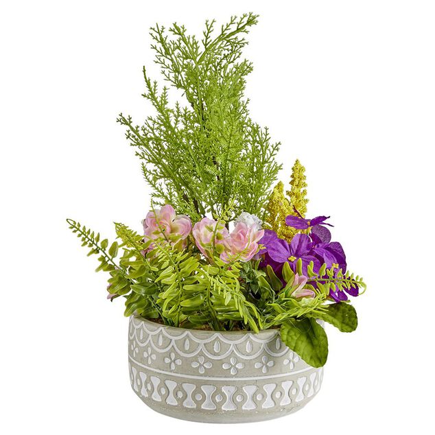 Pot ciment fleur et plante artificielle &Oslash;18xH33cm