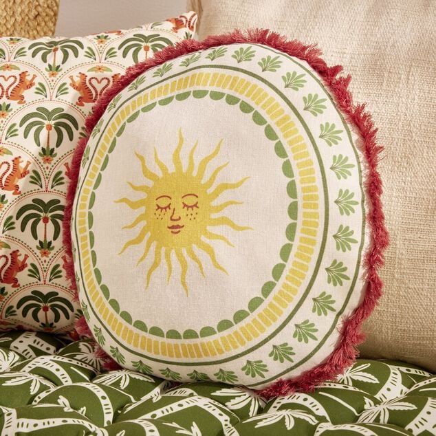 Coussin rond lin motif estival bord &agrave; franges &Oslash;40cm (2 mod&egrave;les soleil ou palmier)