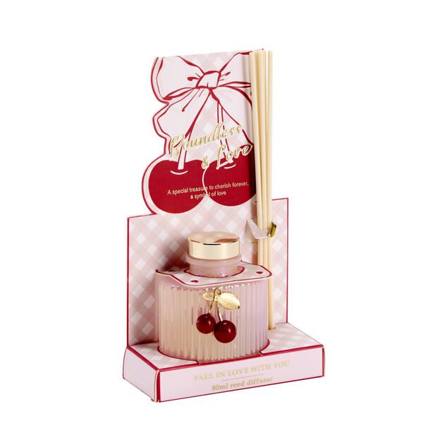 Diffuseur &agrave; b&acirc;tonnets 100ml verre color&eacute; stri&eacute; pampille cerises (2 mod&egrave;les)