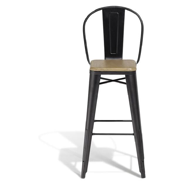 Chaise haute Fabrik m&eacute;tal noir et acacia 43x47xH.110 cm