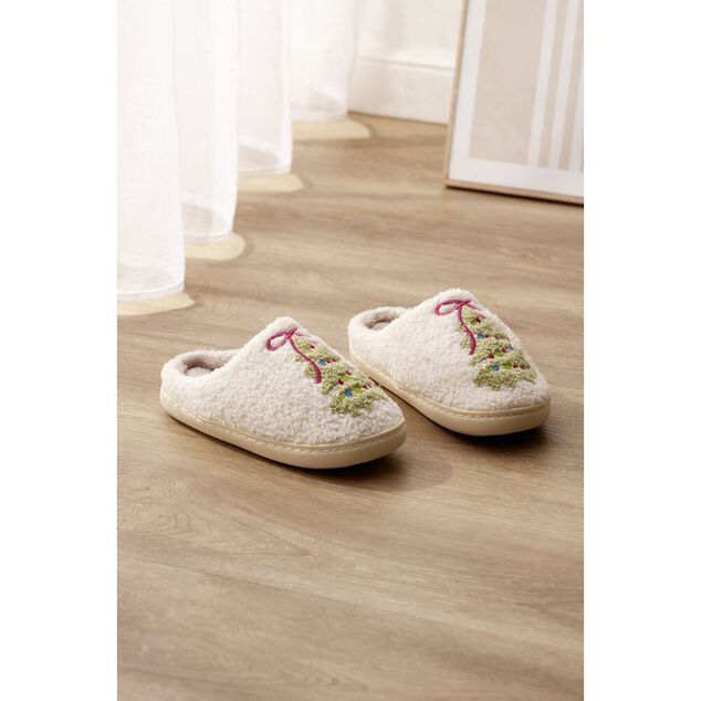 Chaussons femme molleton motif sapin blanc et vert (3 tailles)