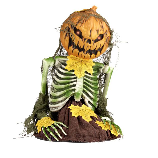 D&eacute;coration LED Halloween &agrave; poser squelette t&ecirc;te citrouille sonore anim&eacute; H35cm
