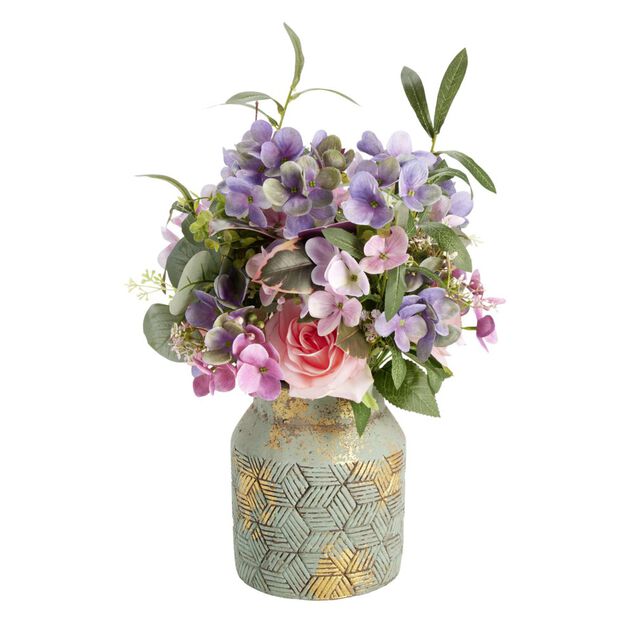 Composition florale artificielle rose et hortensia violet vase ciment H45cm