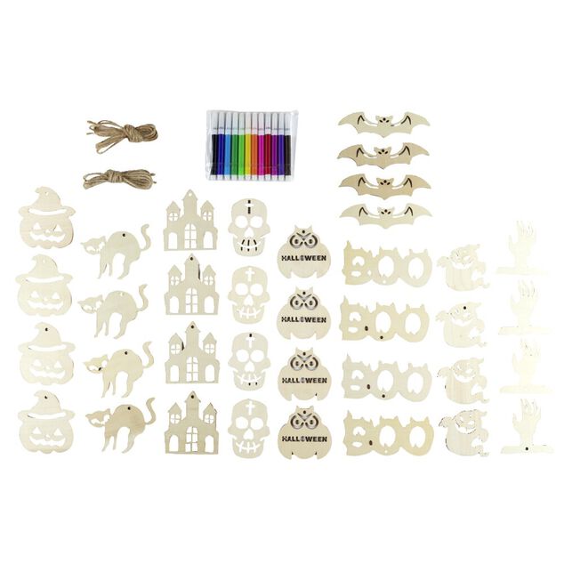 Kit DIY Halloween 9 suspensions en bois et 12 feutres