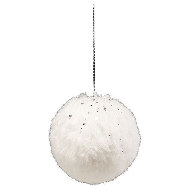 Boule de No&euml;l fausse fourrure blanche paillet&eacute;e &Oslash;8 cm