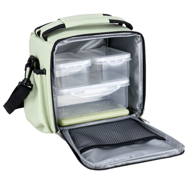 Set lunch bag isotherme tissu blanc 3 bo&icirc;tes et 1 bloc de glace 18x17xH20,5cm