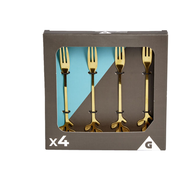 Fourchette &agrave; dessert x4 design feuille inox dor&eacute; L15cm