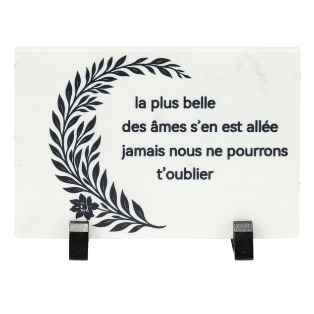 Plaque fun&eacute;raire inscription et d&eacute;co branche granit et pied m&eacute;tal 18x8,5xH12,5cm