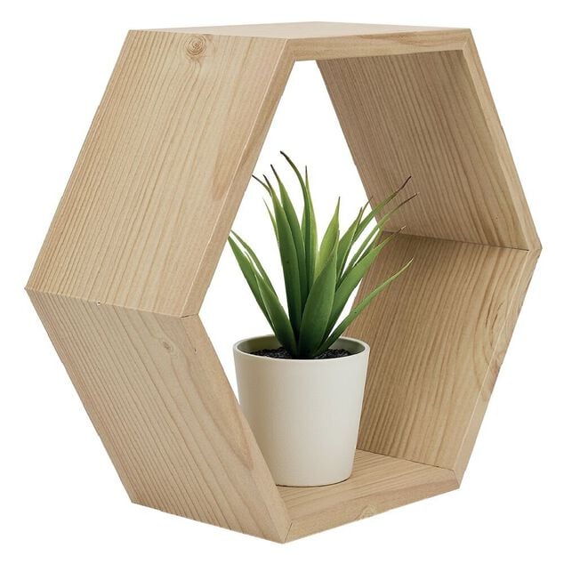 Lot de 2 &eacute;tag&egrave;res murales hexagonales en bois