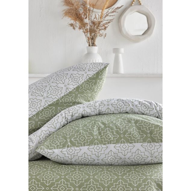 Parure de lit 2 personnes 220x240cm r&eacute;versible &agrave; motif blanc et vert sauge