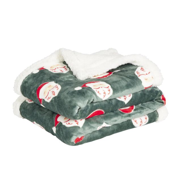 Plaid sherpa motif P&egrave;re No&euml;l rouge et vert 150x120cm