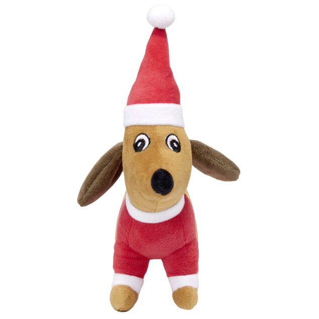 Jouet pour chien forme Teckel avec costume P&egrave;re No&euml;l L25X20XH7 cm rouge