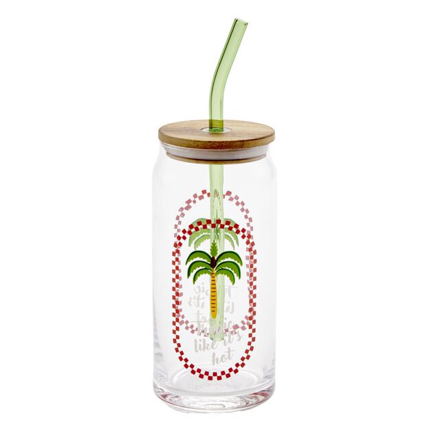 Gobelet en verre motif tropical avec paille et couvercle bambou 600ml (3 mod&egrave;les)