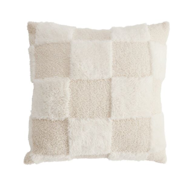 Coussin carr&eacute; d&eacute;co fourrure Teddy motif beige 45x45cm (2 mod&egrave;les)