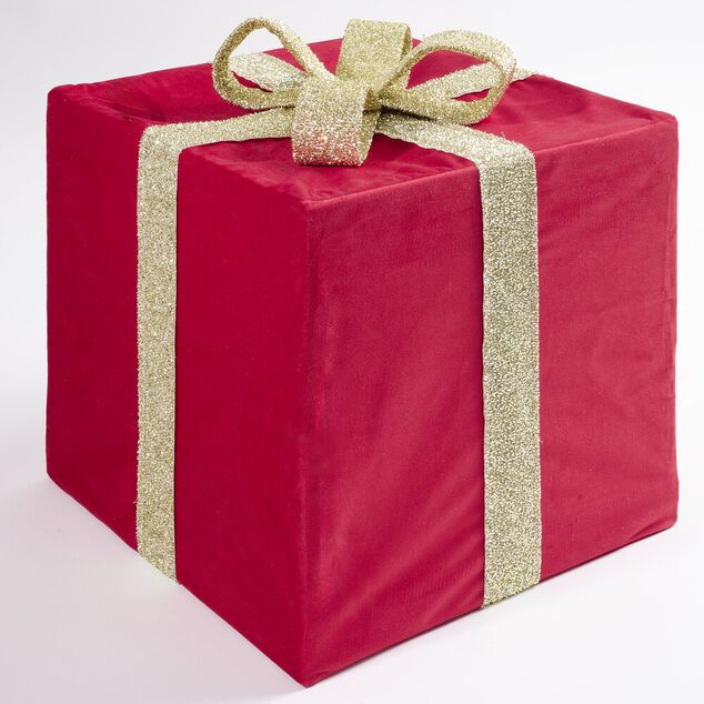 Cadeau d&eacute;co No&euml;l pliable tissu rouge ruban dor&eacute; 35x35xH40cm