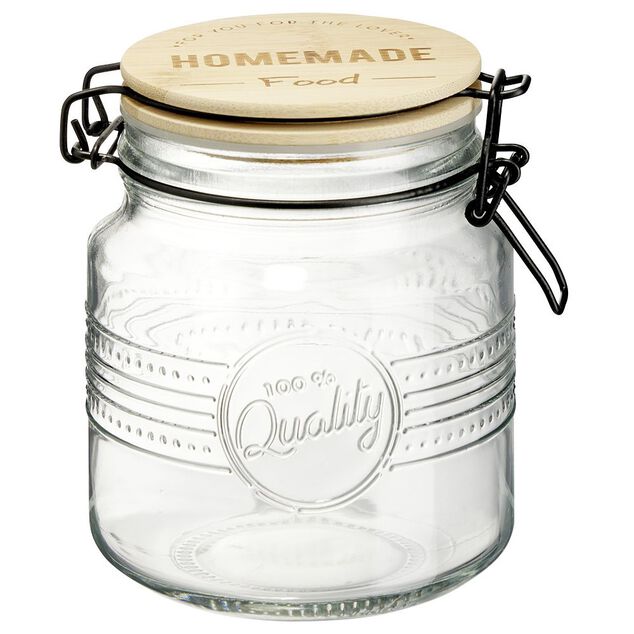 Bocal herm&eacute;tique rond transparent avec couvercle en bambou H14,5 cm
