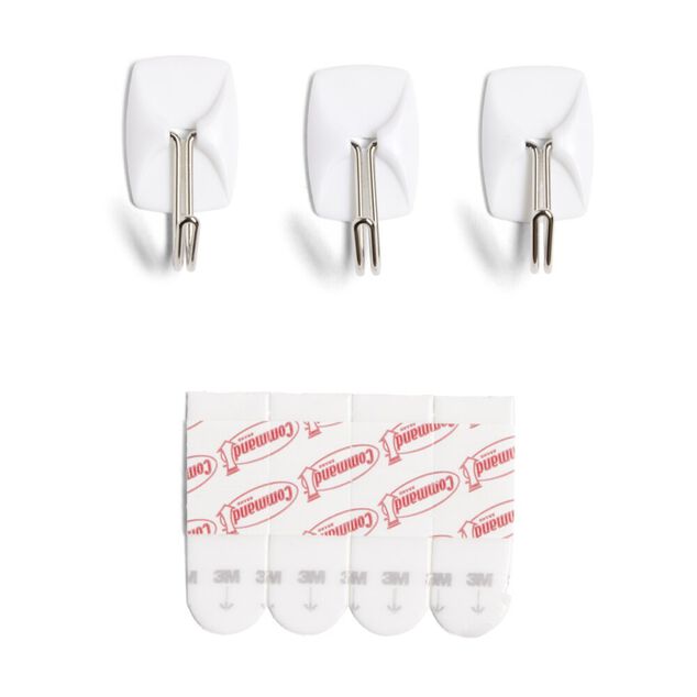 Lot de 3 crochets adh&eacute;sifs 3M plastique blanc pointe m&eacute;tal