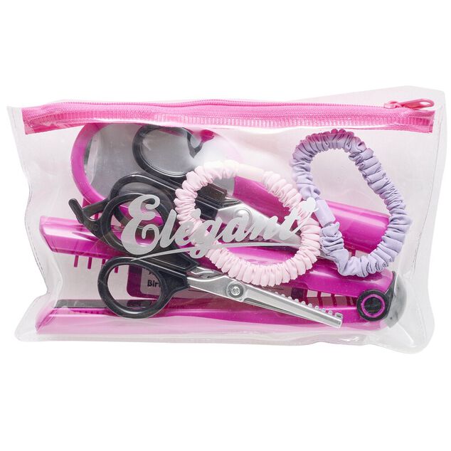 Set d'accessoires de coiffeuse 7 pi&egrave;ces avec trousse plastique rose