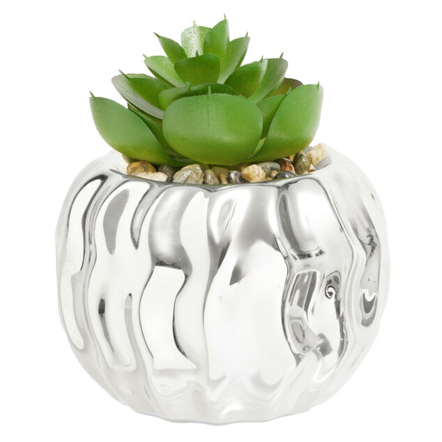 Plante grasse artificielle pot c&eacute;ramique dor&eacute; ou argent&eacute; &Oslash;9xH9cm (2 mod&egrave;les)