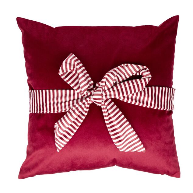 Coussin carr&eacute; paquet cadeau No&euml;l avec noeud polyester L45X45 cm rouge