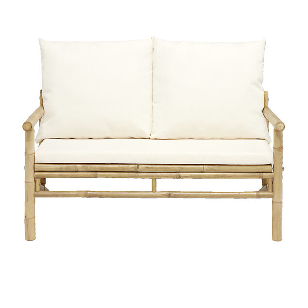 Canap&eacute; de jardin bambou 2 places Laos avec coussins beige 115x75xH74cm