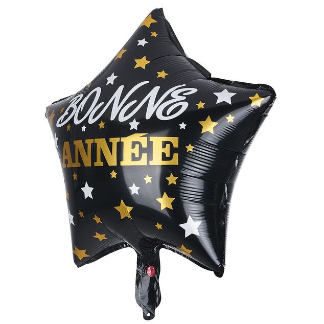 Ballon Bonne ann&eacute;e forme &eacute;toile en aluminium noir et dor&eacute; H46cm