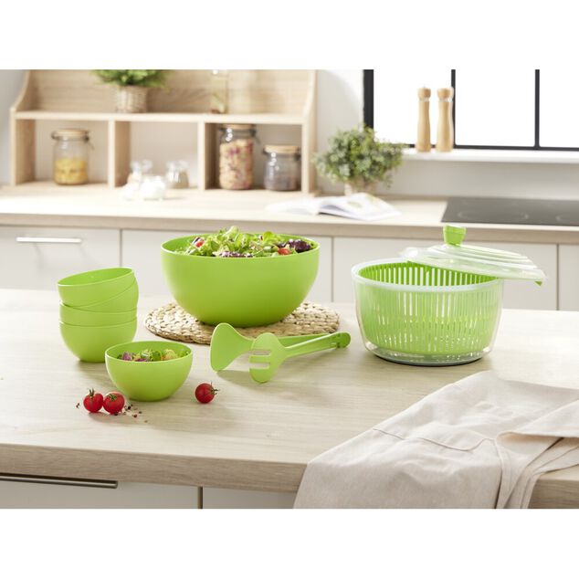 Essoreuse à salade avec couverts et saladier plastique vert