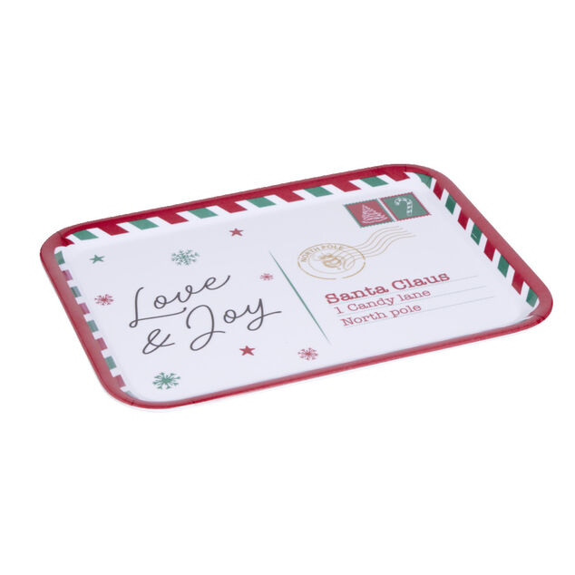 Plateau de service rectangulaire No&euml;l m&eacute;lamin&eacute; motif carte postale 19x37,5cm