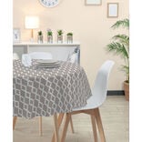 Nappe ronde toile cir&eacute;e blanche et taupe design graphique