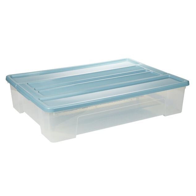 Bo&icirc;te de rangement 60L plastique transparent couvercle bleu 78,5x59xH17cm