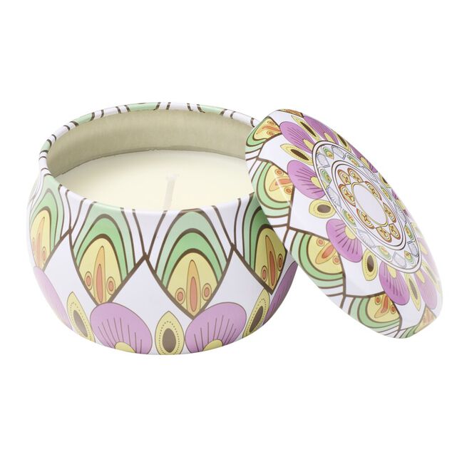 Bougie parfum&eacute;e dans pot m&eacute;tal motif indien color&eacute; 10H (3 mod&egrave;les)