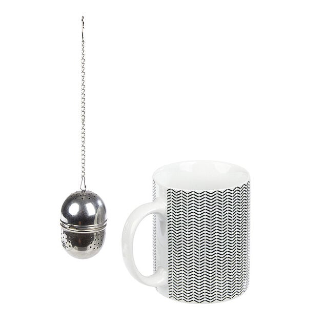 Mug porcelaine avec boule &agrave; th&eacute; inox noir blanc 35 cl