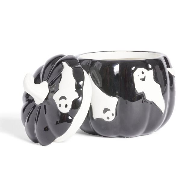 Bonbonni&egrave;re Halloween 1L citrouille noire fant&ocirc;mes blancs &Oslash;13,5xH15,8cm