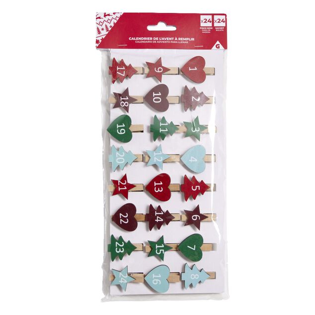 Calendrier de l'Avent &agrave; remplir avec pinces en bois et sachets 24 pi&egrave;ces