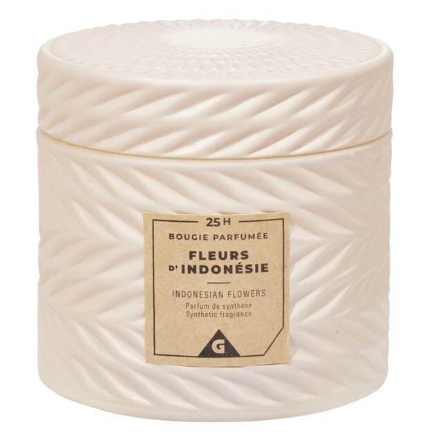Bougie parfum&eacute;e ivoire design relief senteur fleurs d'Indon&eacute;sie 25H