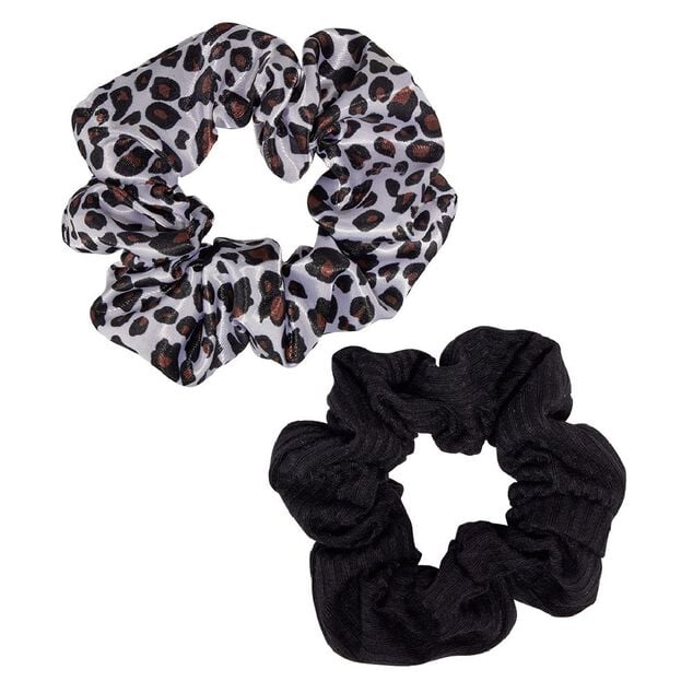 Chouchou motif l&eacute;opard blanc/marron et uni noir &Oslash;10cm x2