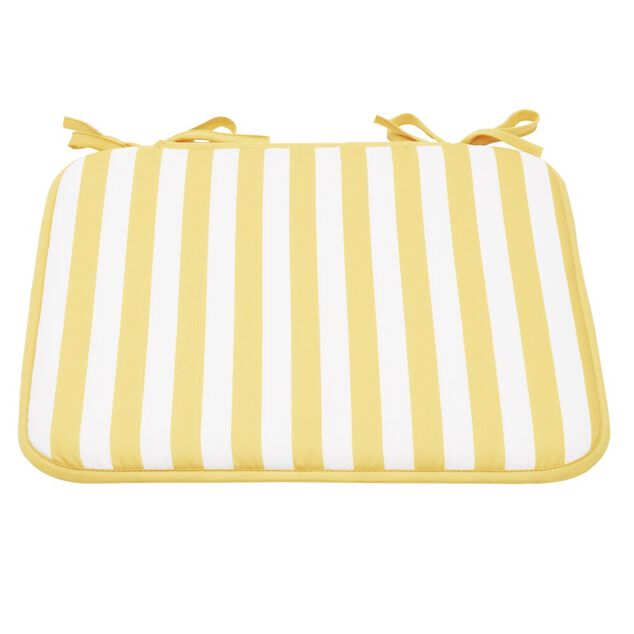 Galette de chaise carr&eacute;e rayures bayad&egrave;res blanches et jaunes 40x40cm