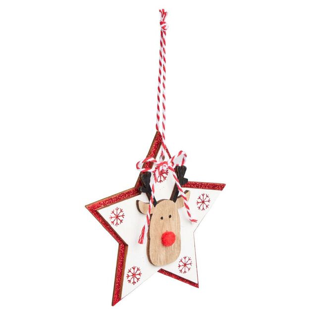Suspension de No&euml;l en bois forme &eacute;toile ou sapin avec t&ecirc;te de renne 11x11cm